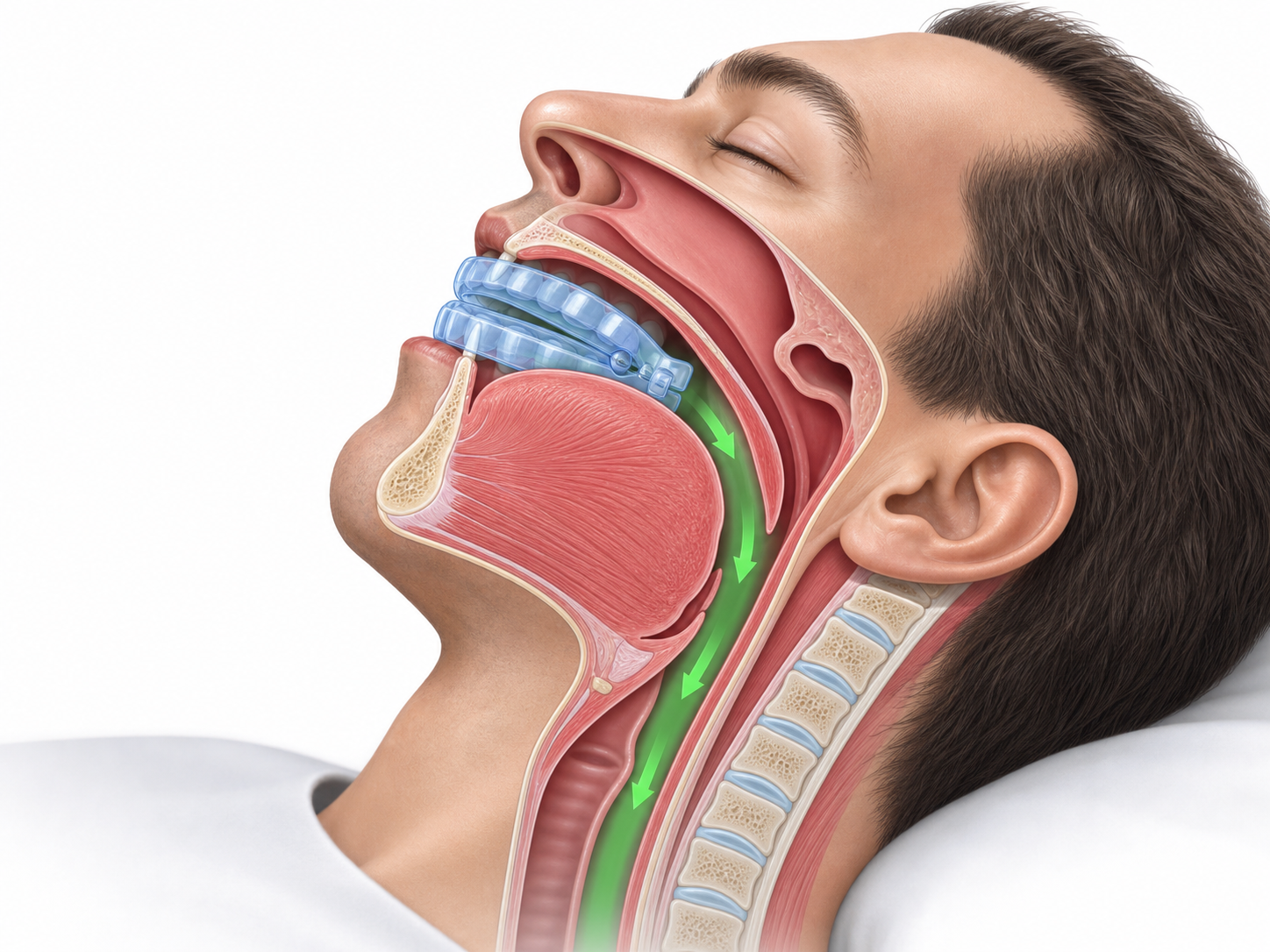 After — anatomical side view with mouthpiece in place, jaw forward and open airway shown in green