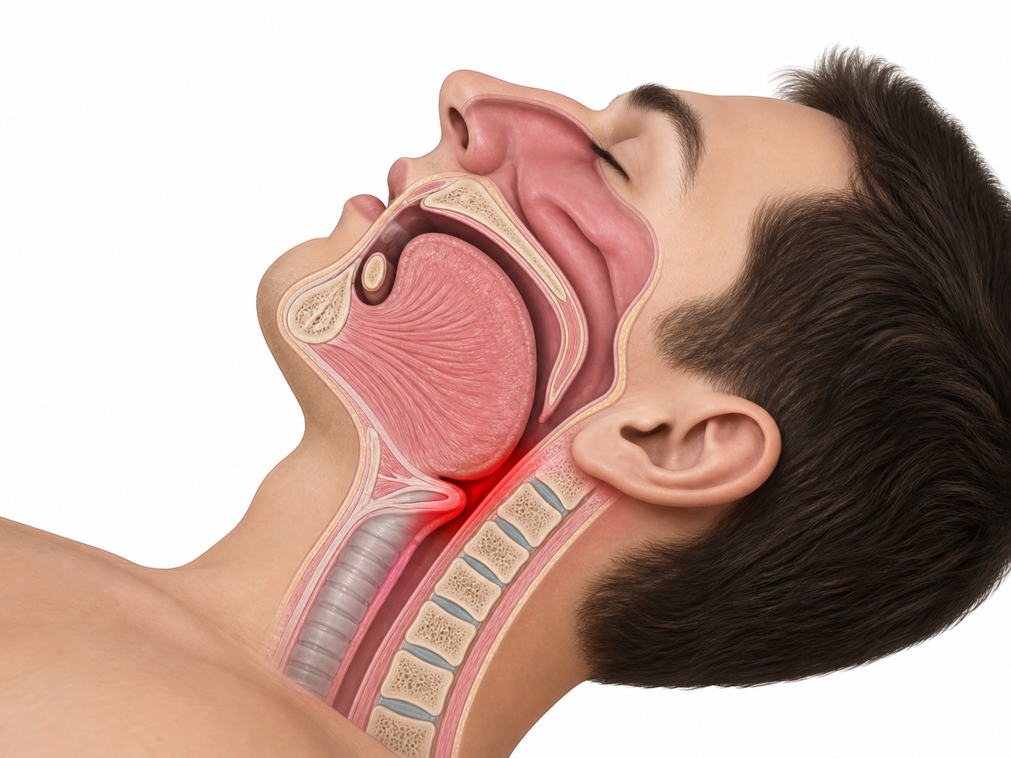 Before — anatomical side view showing collapsed, narrowed throat airway highlighted in red