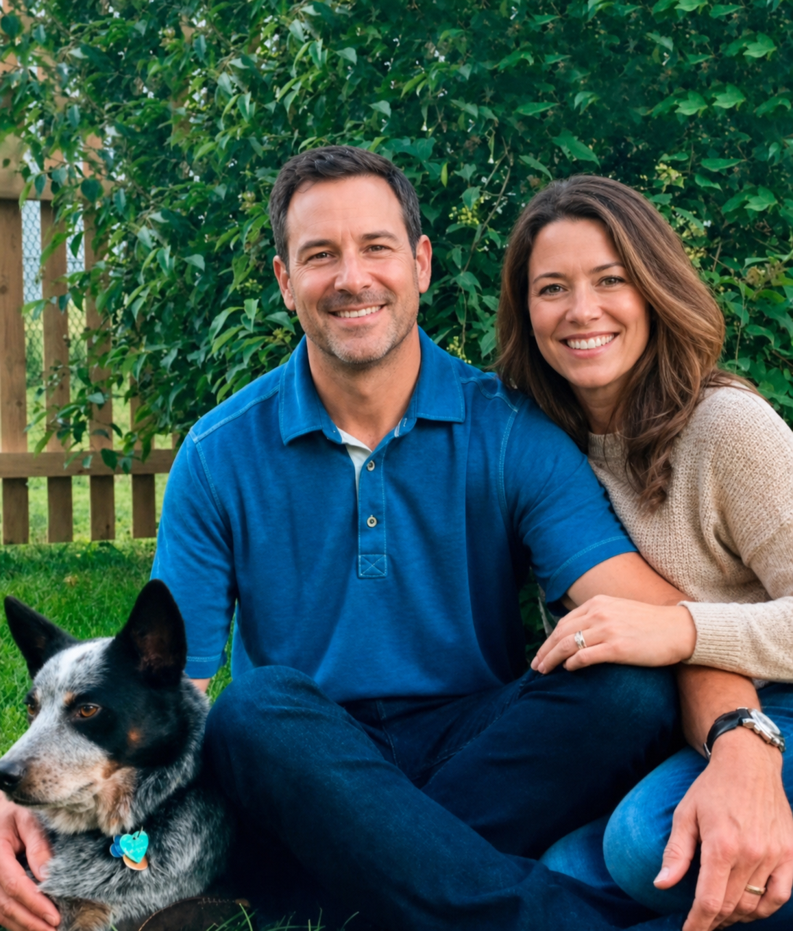 Smiling middle-aged couple sitting outdoors with their dog