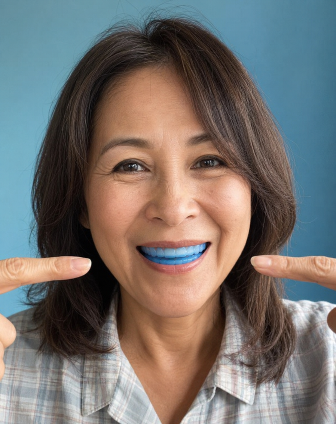 Woman pointing at the mouthpiece in her mouth