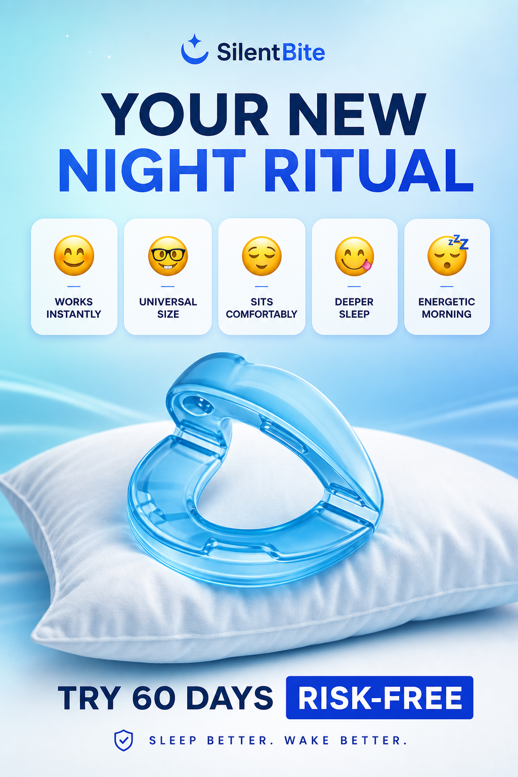 Your new night ritual — works instantly, universal size, sits comfortably, deeper sleep, energetic morning. Try 60 days risk-free.
